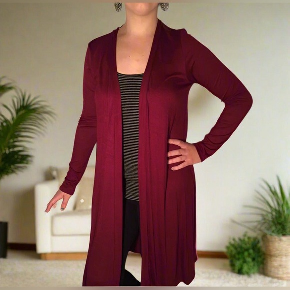 Small NEW Womens Maroon Pocket Cardigan Long Duster - Picture 2 of 4